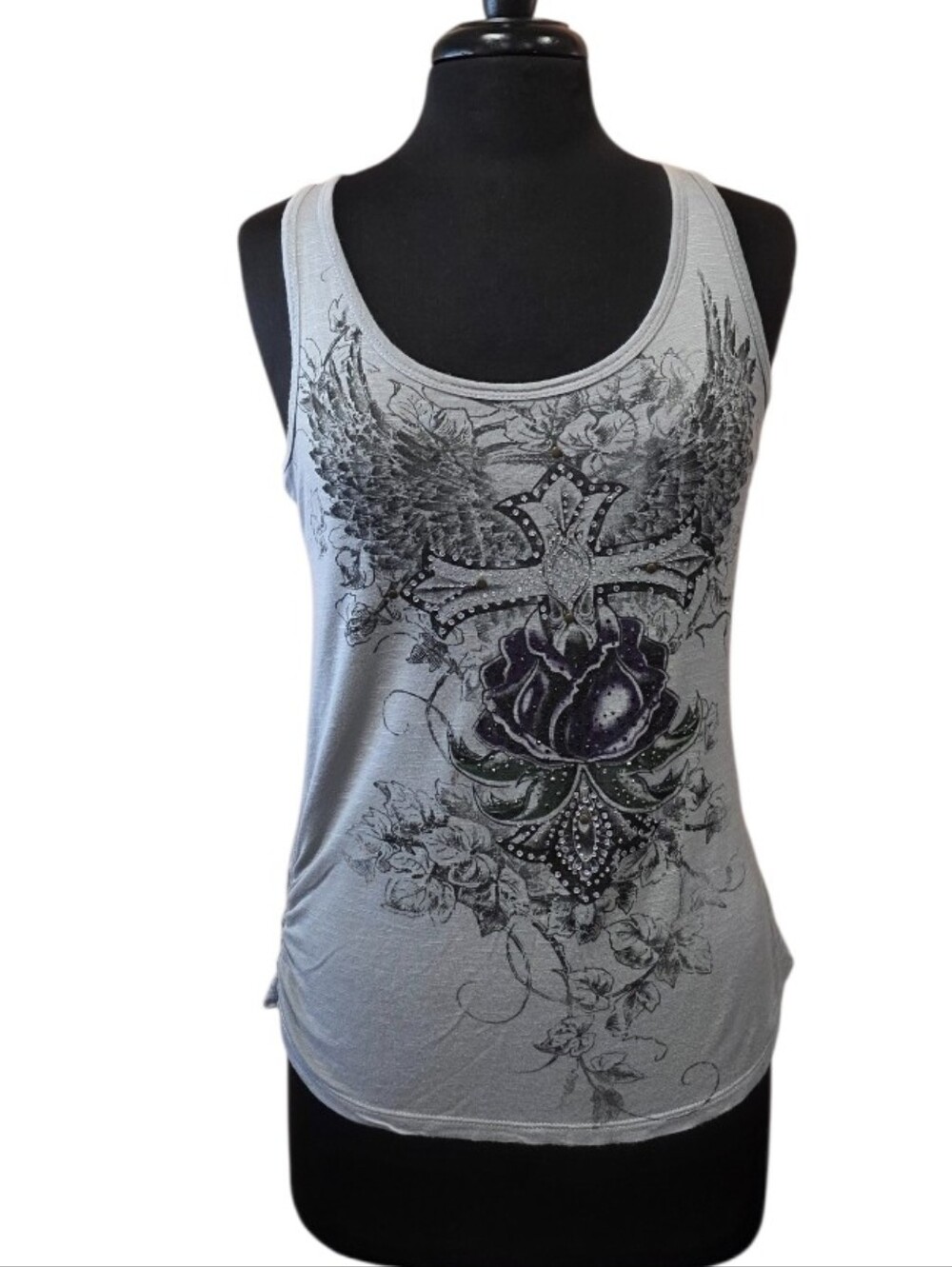 Vintage Y2K Robin K Baddie Bling Tank Gray Tank Top Cross & Floral Studded